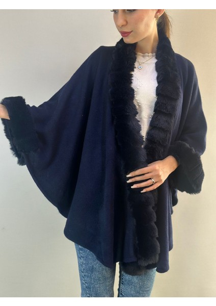 Triko Kürklü Lacivert Yumuşak Kadın Panço Şal fiyatları