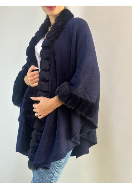 Triko Kürklü Lacivert Yumuşak Kadın Panço Şal modelleri