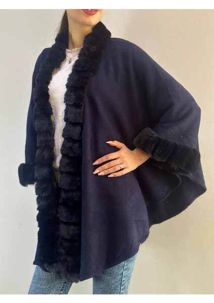 Triko Kürklü Lacivert Yumuşak Kadın Panço Şal fırsatları