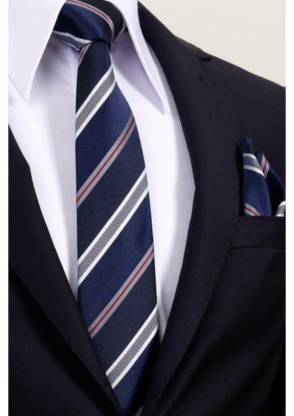 8 cm Hand Made Lacivert - Beyaz Çizgili Desen Mendilli Kravat