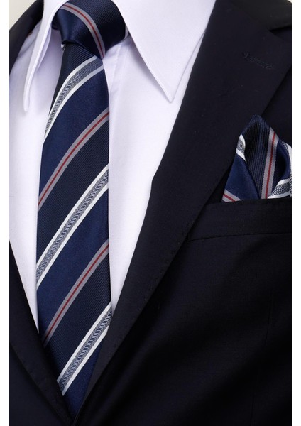 8 cm Hand Made Lacivert - Beyaz Çizgili Desen Mendilli Kravat fiyatları