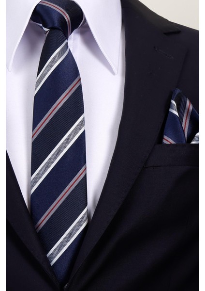 8 cm Hand Made Lacivert - Beyaz Çizgili Desen Mendilli Kravat modelleri