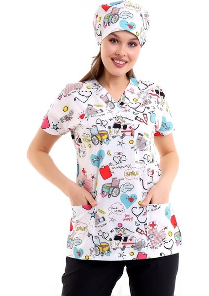 Yarasa Kol Dijital Unisex Desenli Üst - 6503 Beyaz Stetoskop