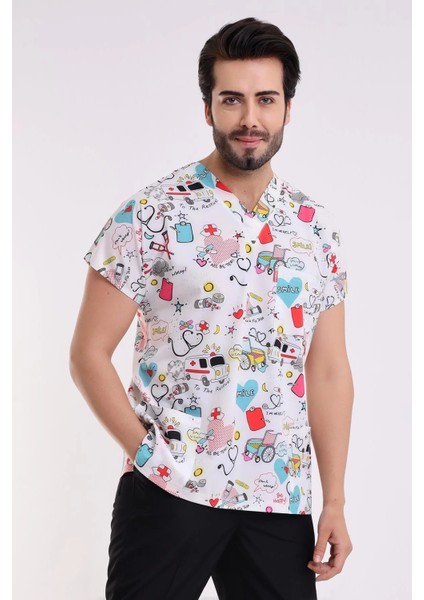 Yarasa Kol Dijital Unisex Desenli Üst - 6503 Beyaz Stetoskop fiyatları