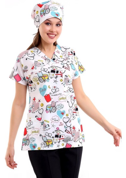 Yarasa Kol Dijital Unisex Desenli Üst - 6503 Beyaz Stetoskop modelleri