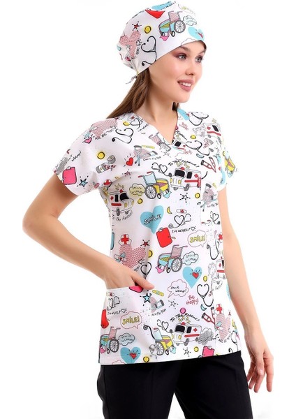 Yarasa Kol Dijital Unisex Desenli Üst - 6503 Beyaz Stetoskop fırsatları