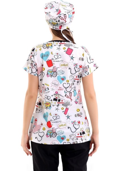 Yarasa Kol Dijital Unisex Desenli Üst - 6503 Beyaz Stetoskop indirimleri