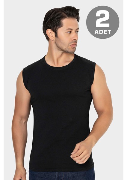 2 Adet Erkek Siyah Bisiklet Yaka Kolsuz Tişört Atlet Pamuklu Likralı Yumuşak Esnek Kumaş