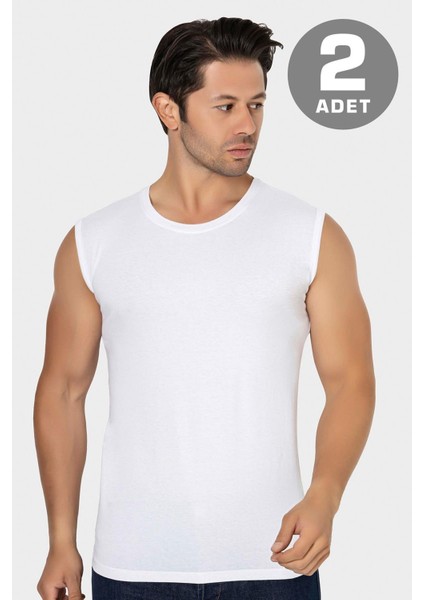 2 Adet Erkek Beyaz Bisiklet Yaka Kolsuz Tişört Atlet Pamuklu Likralı Yumuşak Esnek Kumaş