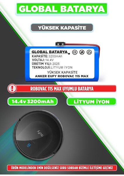 Anker Eufy Robovac 11S Max Akıllı Robot Süpürge Bataryası 14.4v 3200mAh Li-ion Pil (Yüksek Kapasite)