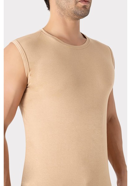 2 Adet Görünmez Atlet Erkek Ten Rengi Bisiklet Yaka Kolsuz Tişört Pamuklu Likralı Yumuşak Esnek Kumaş