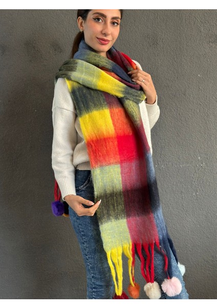 Yumuşak Renkli Ekose Pon Ponlu Kadın Şal Atkı 220X40 cm
