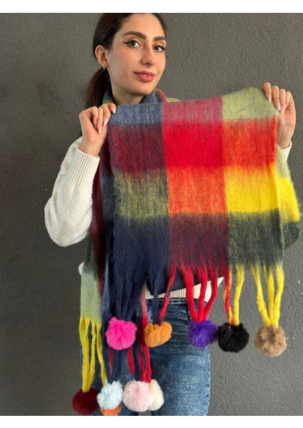 Yumuşak Renkli Ekose Pon Ponlu Kadın Şal Atkı 220X40 cm fiyatları
