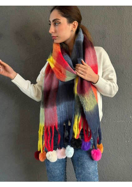 Yumuşak Renkli Ekose Pon Ponlu Kadın Şal Atkı 220X40 cm modelleri