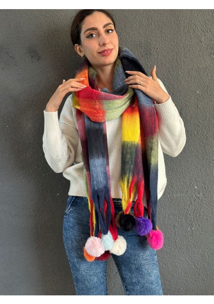 Yumuşak Renkli Ekose Pon Ponlu Kadın Şal Atkı 220X40 cm fırsatları