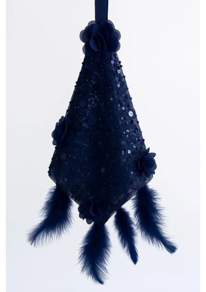 Gelin ve Damat Tüylü Güllü Cam Incili Halay Mendili 1 Adet Lacivert