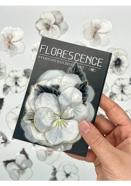 Florescence Altın Yaldızlı Siyah-Beyaz Özel Tasarım Gündüz Menekşesi Sticker Seti/20 Adet/etiket/çıkartma