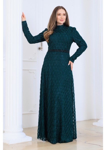 Lina Tesettür Abiye Elbise Dantel Kumaş Eteği Kuyruk ve Beli Taş Detaylı fiyatları