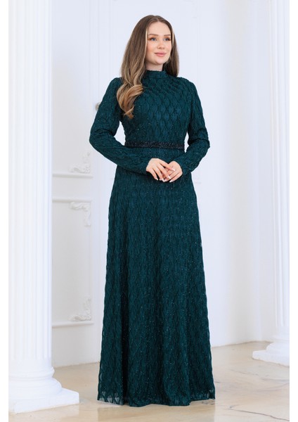 Lina Tesettür Abiye Elbise Dantel Kumaş Eteği Kuyruk ve Beli Taş Detaylı modelleri