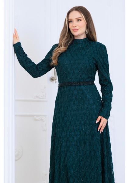 Lina Tesettür Abiye Elbise Dantel Kumaş Eteği Kuyruk ve Beli Taş Detaylı fırsatları