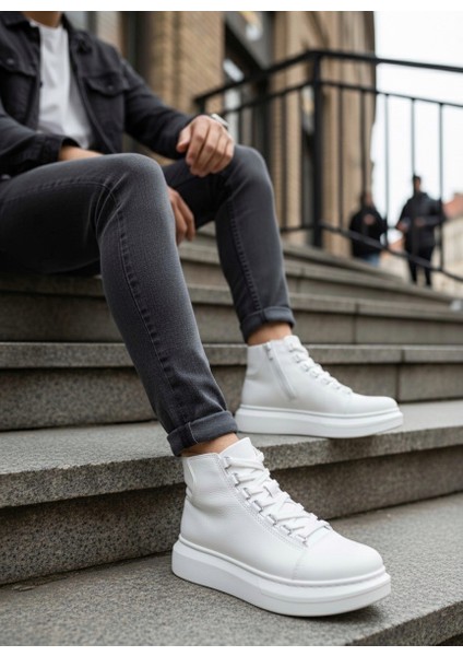 BA0713 Bağcıklı Beyaz Yüksek Taban Erkek Tarz Spor Bot