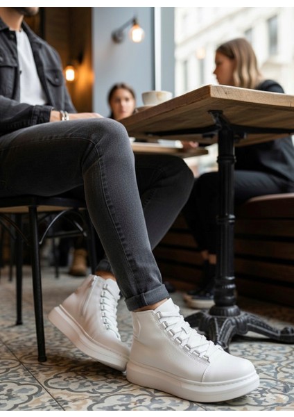 BA0713 Bağcıklı Beyaz Yüksek Taban Erkek Tarz Spor Bot fiyatları