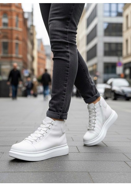 BA0713 Bağcıklı Beyaz Yüksek Taban Erkek Tarz Spor Bot modelleri