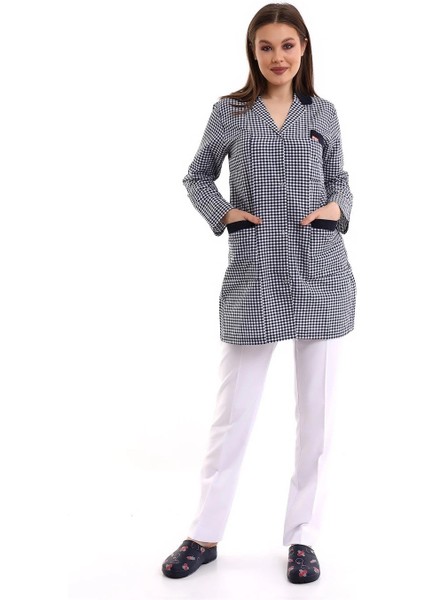 Doktor Öğretmen Kadın Önlük Ara Boy Ceket Yaka - Pöti Kare Lacivert