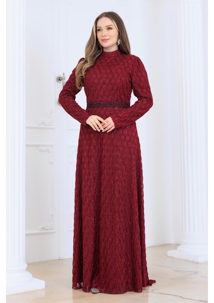 Lina Tesettür Abiye Elbise Dantel Kumaş Eteği Kuyruk ve Beli Taş Detaylı fiyatları