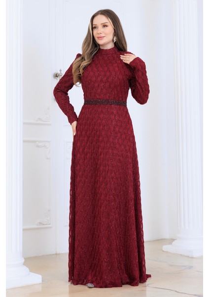 Lina Tesettür Abiye Elbise Dantel Kumaş Eteği Kuyruk ve Beli Taş Detaylı modelleri