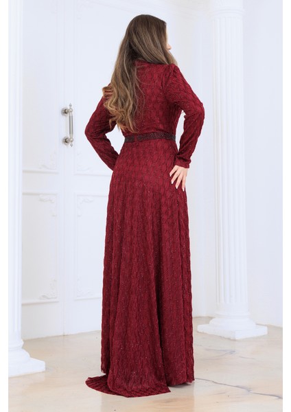 Lina Tesettür Abiye Elbise Dantel Kumaş Eteği Kuyruk ve Beli Taş Detaylı