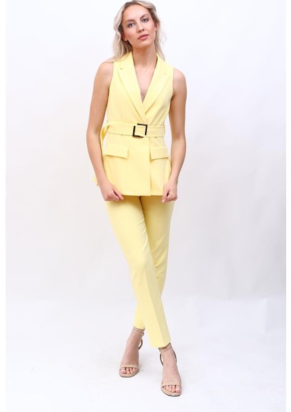 Kemerli Klasik Yelek & Boru Paça Pantolon Takım-Sarı