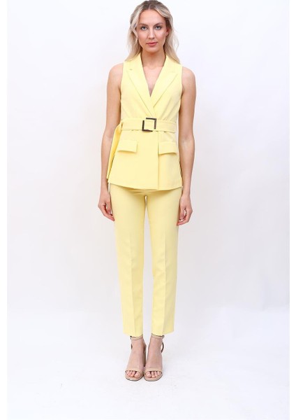 Kemerli Klasik Yelek & Boru Paça Pantolon Takım-Sarı modelleri