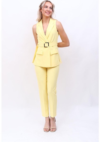 Kemerli Klasik Yelek & Boru Paça Pantolon Takım-Sarı fırsatları