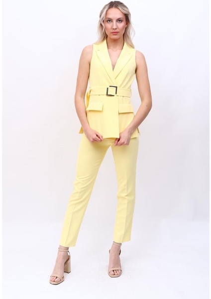 Kemerli Klasik Yelek & Boru Paça Pantolon Takım-Sarı indirimleri