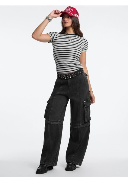 Kadın Siyah Çok Renkli Çizgili Logolu T-Shirt W5BP52KA0H1-S9HG fiyatları