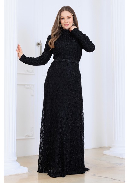 Lina Tesettür Abiye Elbise Dantel Kumaş Eteği Kuyruk ve Beli Taş Detaylı modelleri