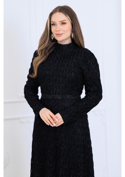 Lina Tesettür Abiye Elbise Dantel Kumaş Eteği Kuyruk ve Beli Taş Detaylı indirimleri