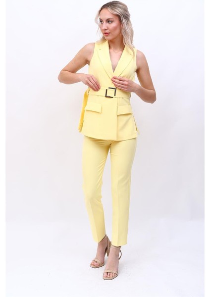 Kemerli Klasik Yelek & Boru Paça Pantolon Takım-Sarı