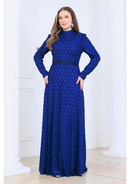 Lina Tesettür Abiye Elbise Dantel Kumaş Eteği Kuyruk ve Beli Taş Detaylı