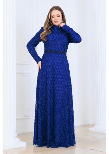 Lina Tesettür Abiye Elbise Dantel Kumaş Eteği Kuyruk ve Beli Taş Detaylı modelleri