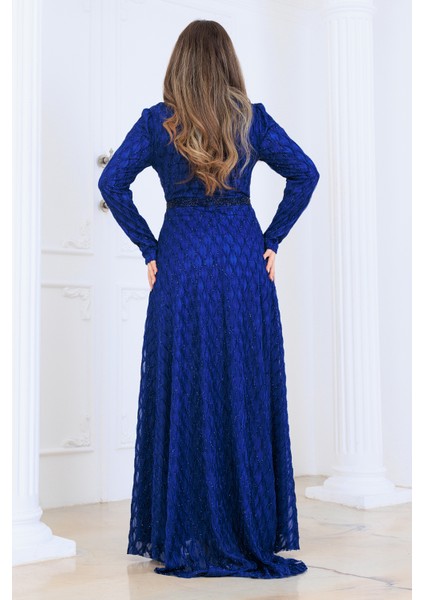 Lina Tesettür Abiye Elbise Dantel Kumaş Eteği Kuyruk ve Beli Taş Detaylı