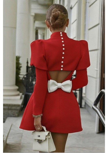 Kadın Uzun Kollu Yarı Balıkçı Yaka Arkadan Kurdela Detaylı Mini Atlas Elbise modelleri