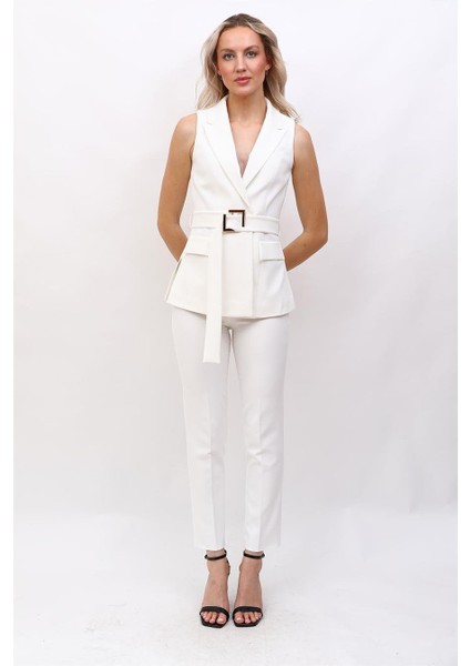Kemerli Klasik Yelek & Boru Paça Pantolon Takım-Beyaz modelleri