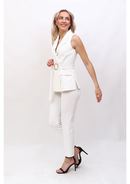 Kemerli Klasik Yelek & Boru Paça Pantolon Takım-Beyaz fırsatları