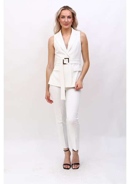 Kemerli Klasik Yelek & Boru Paça Pantolon Takım-Beyaz indirimleri