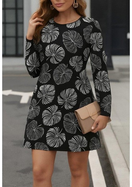 Kadın Uzun Kollu Bisiklet Yaka Desenli Kısa Krep Elbise