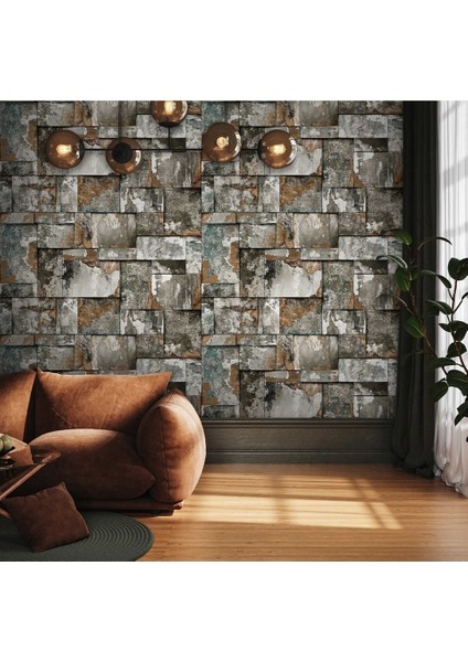 Geometrik Taş Desen Duvar Kağıdı -Roka 23106-3 (Gri, Bakır, Kahverengi - 1.06X15.6 M - 16.5 M²)