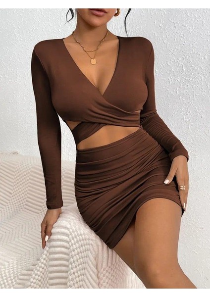 Kadın Uzun Kollu Çapraz Dekolte Detaylı Mini Sandy Elbise