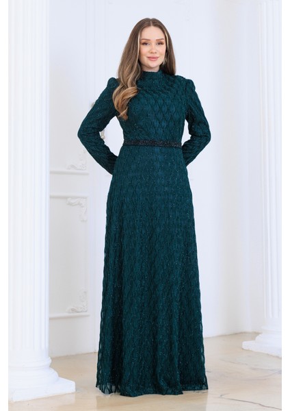 Lina Tesettür Abiye Elbise Dantel Kumaş Eteği Kuyruk ve Beli Taş Detaylı fırsatları